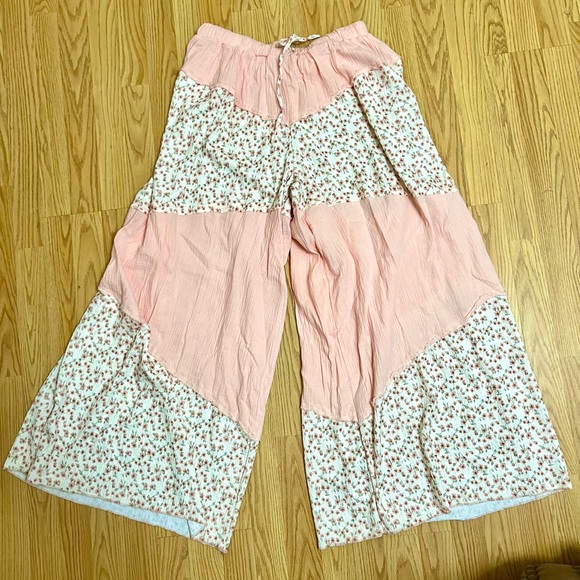 POL Pants - POL Peach Textured Patched Floral Fabric Wide Leg Flowy Pants